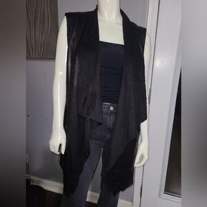 Joan Vass Faux Leather Sleeveless Shawl Collar Long Vest Women's Size Large